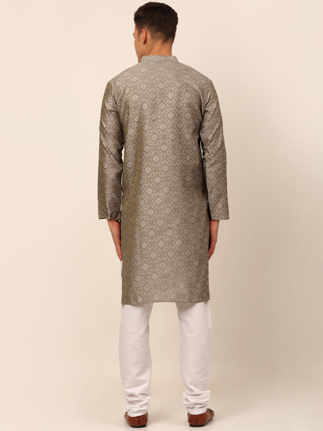Men's Grey Floral Printed Kurta With Churidar ( Jokp 669 Grey ) - Virat Fashions