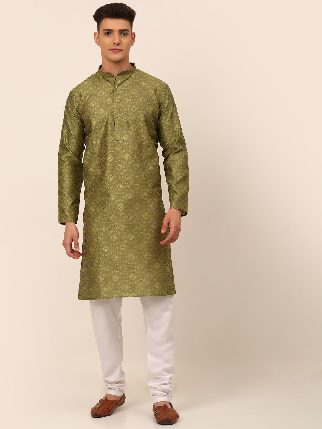 Men's Pista Green Floral Printed Kurta With Churidar ( Jokp 669 Pista ) - Virat Fashions
