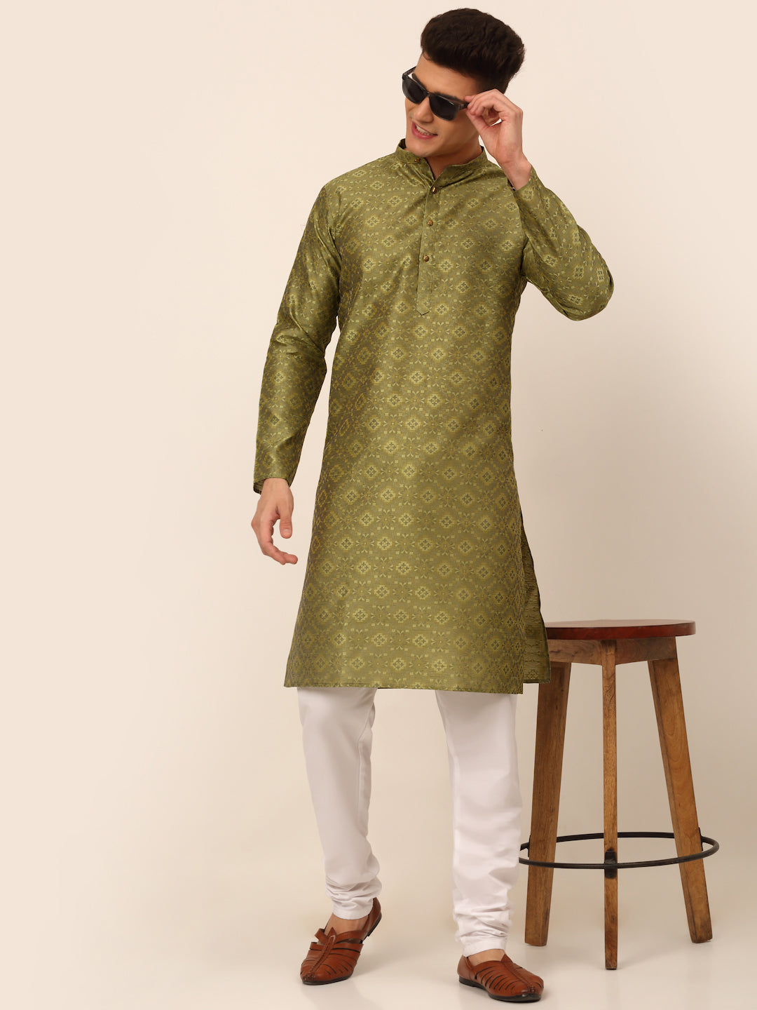 Men's Pista Green Floral Printed Kurta With Churidar ( Jokp 669 Pista ) - Virat Fashions