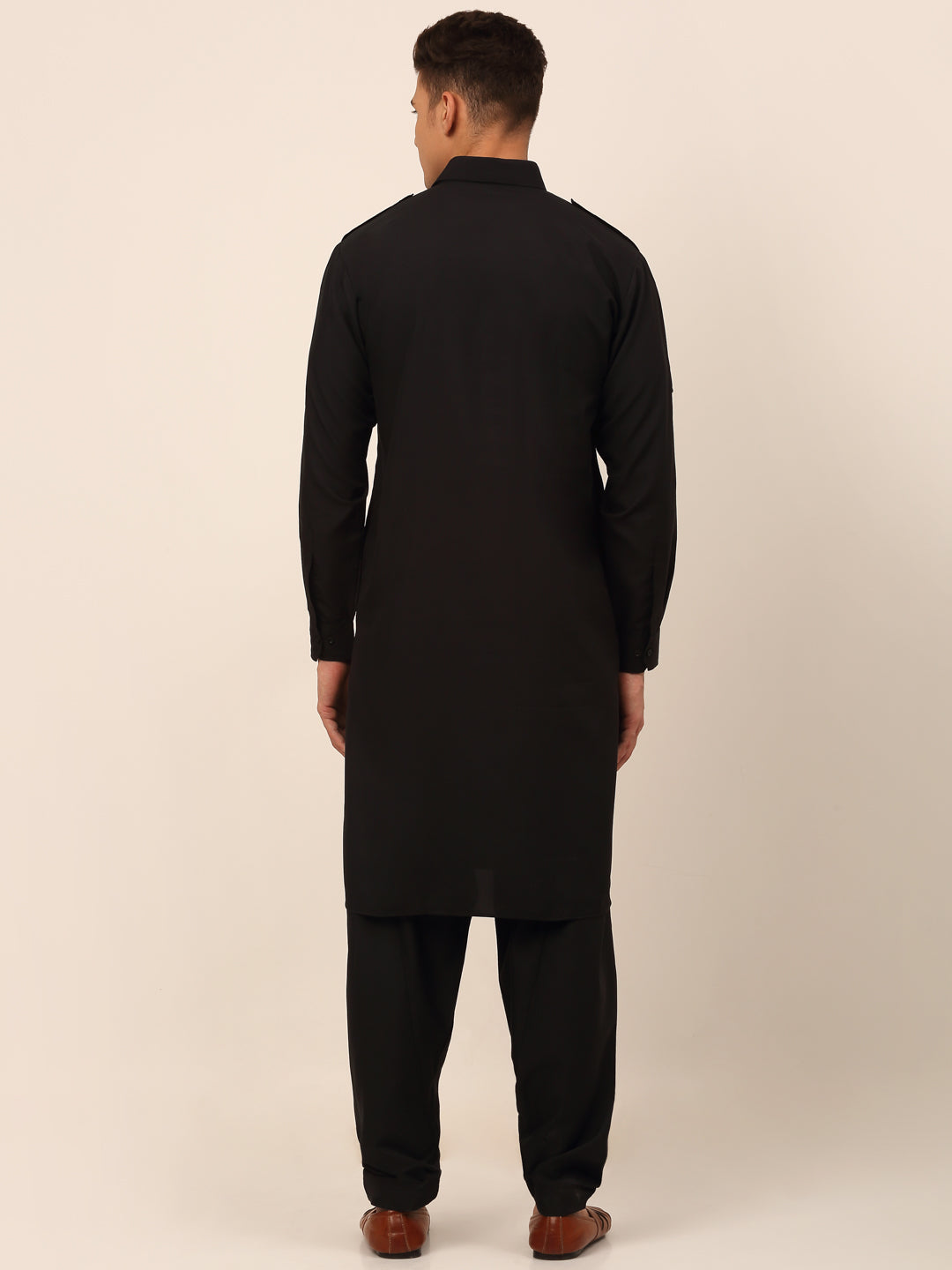 Men's Black Cotton Solid Pathani Kurta With Salwar ( Jokp 670 Black ) - Virat Fashions