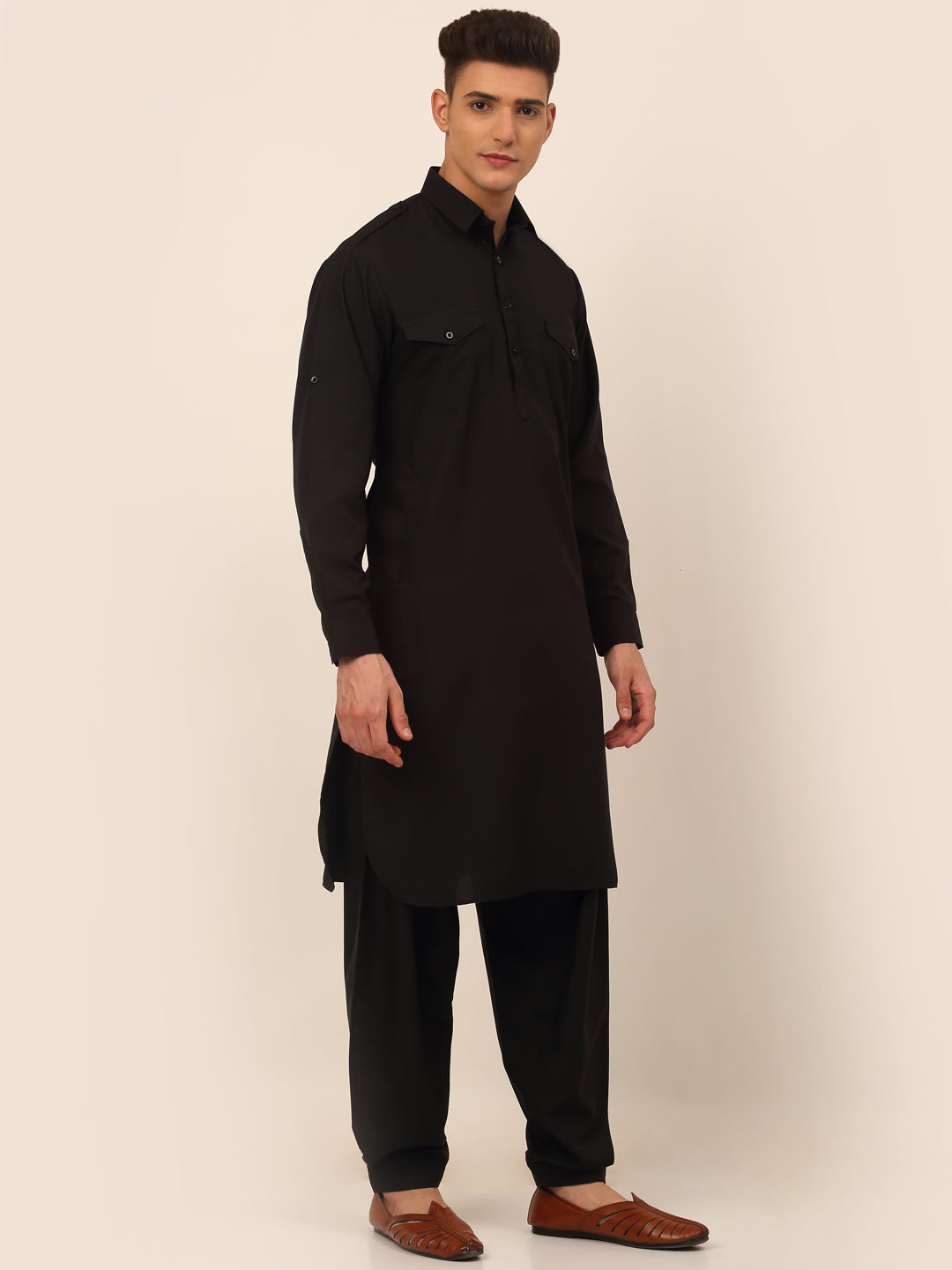 Men's Black Cotton Solid Pathani Kurta With Salwar ( Jokp 670 Black ) - Virat Fashions