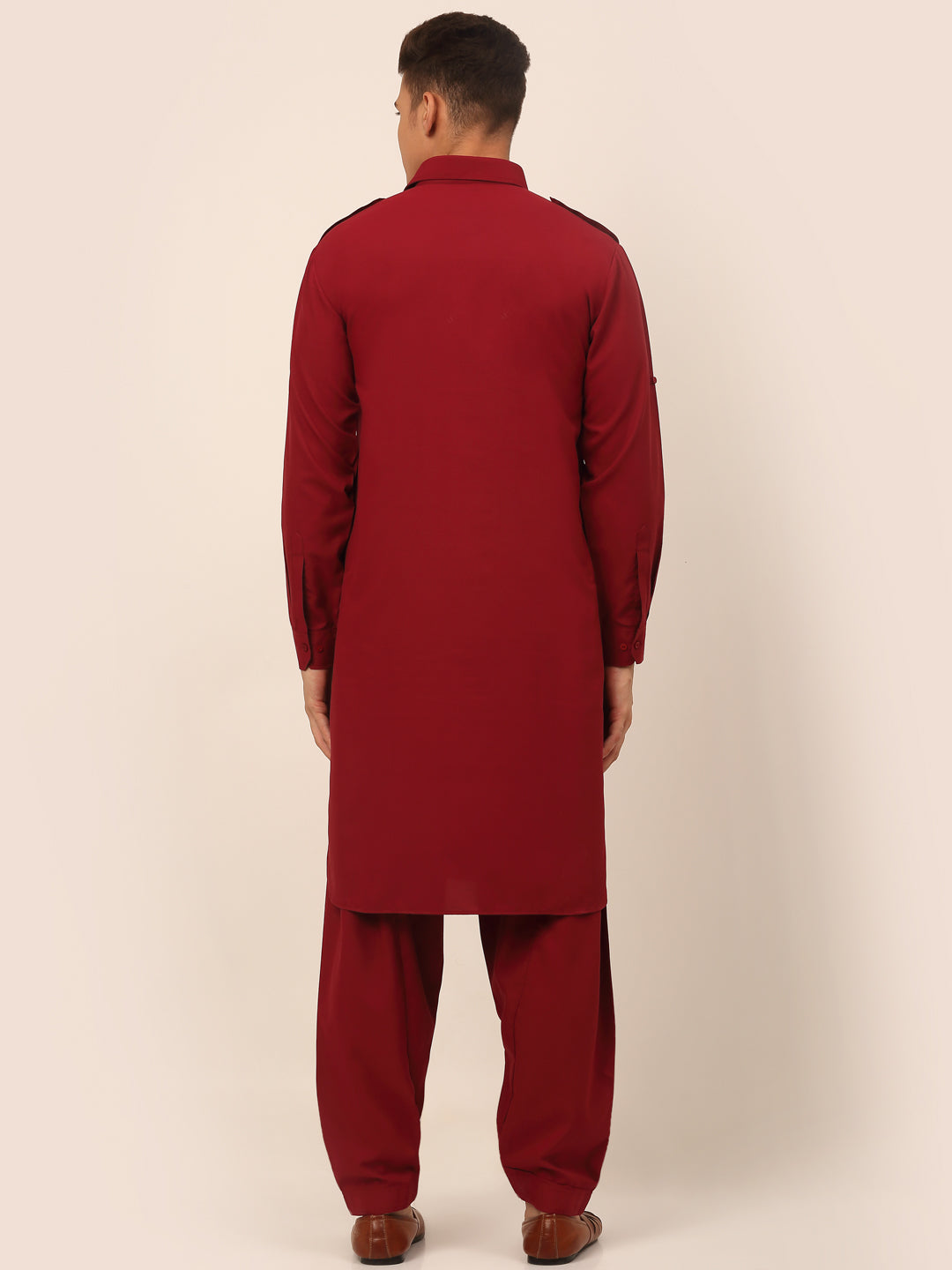 Men's Maroon Cotton Solid Pathani Kurta With Salwar ( Jokp 670 Maroon ) - Virat Fashions