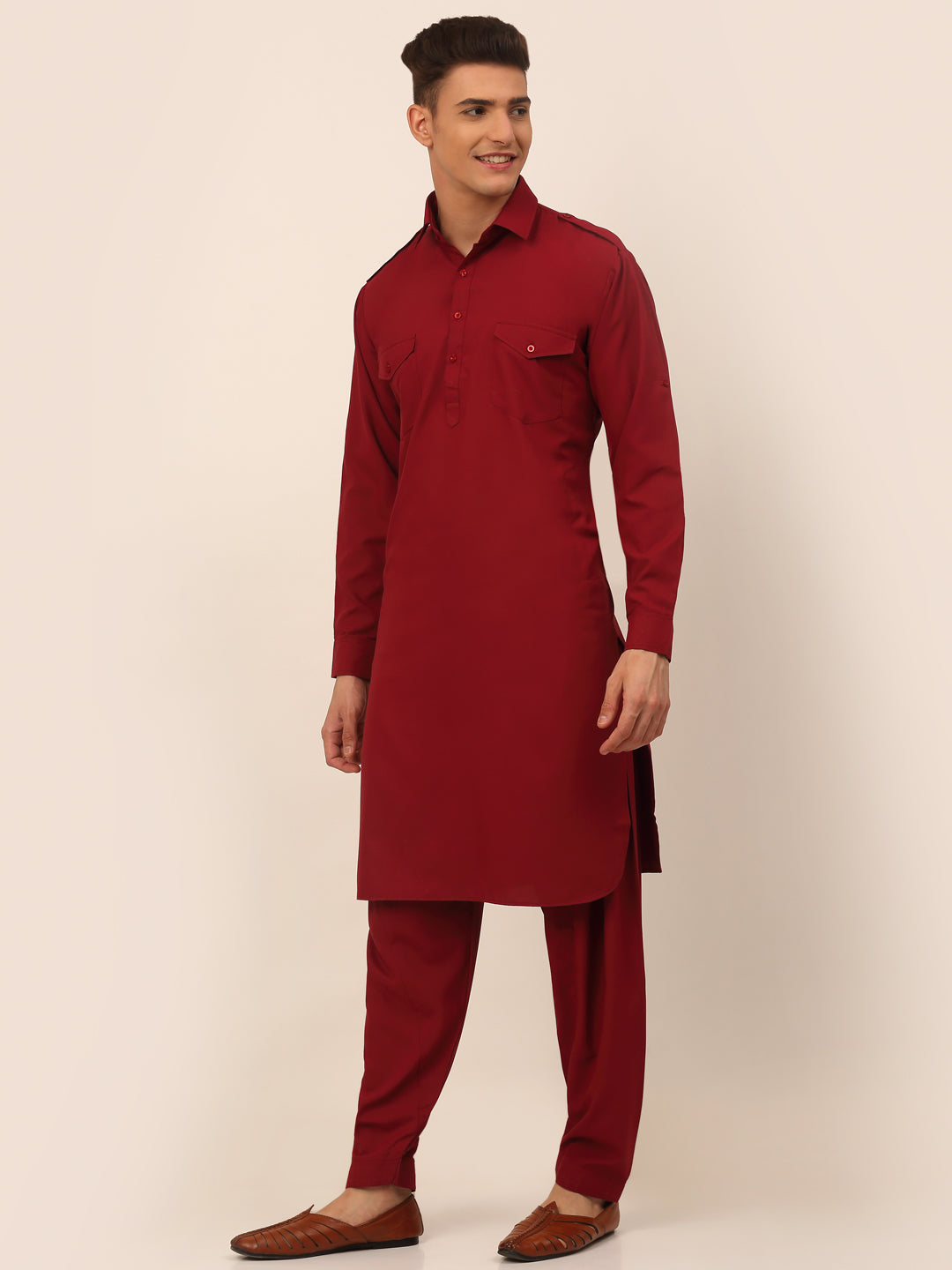 Men's Maroon Cotton Solid Pathani Kurta With Salwar ( Jokp 670 Maroon ) - Virat Fashions