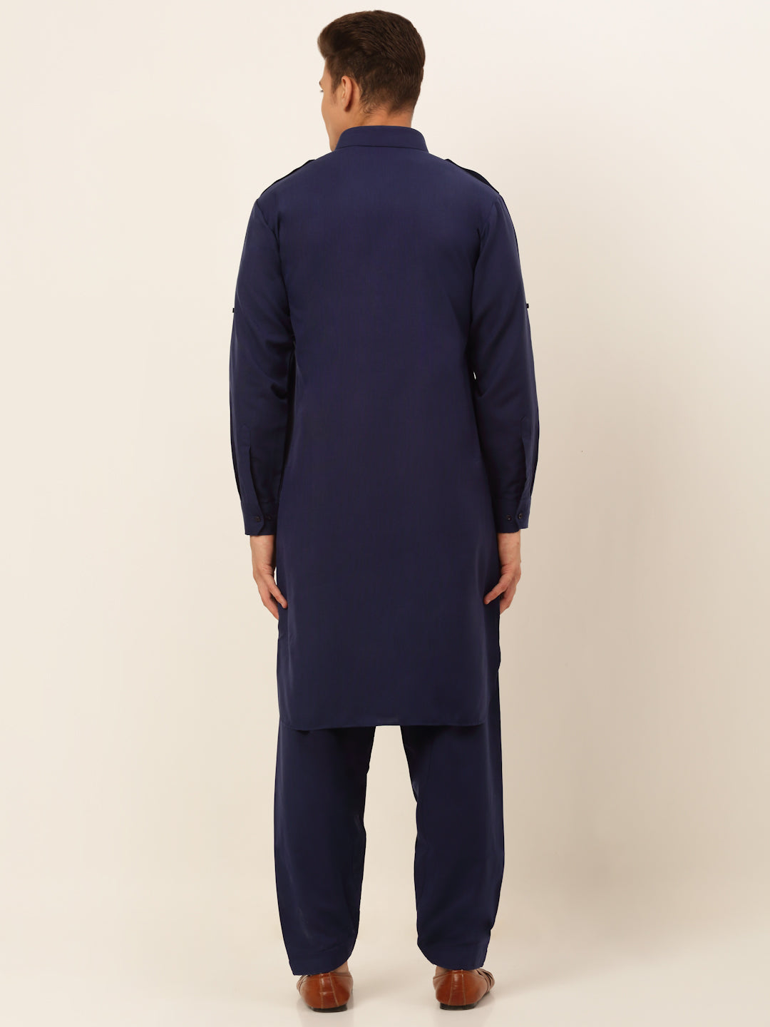 Men's Navy Cotton Solid Pathani Kurta With Salwar ( Jokp 670 Navy ) - Virat Fashions