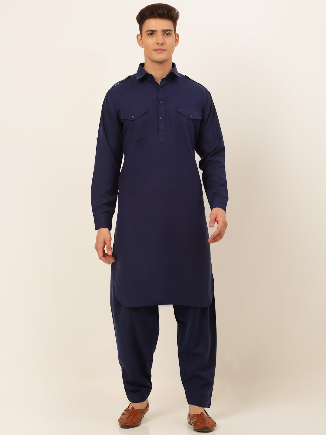 Men's Navy Cotton Solid Pathani Kurta With Salwar ( Jokp 670 Navy ) - Virat Fashions