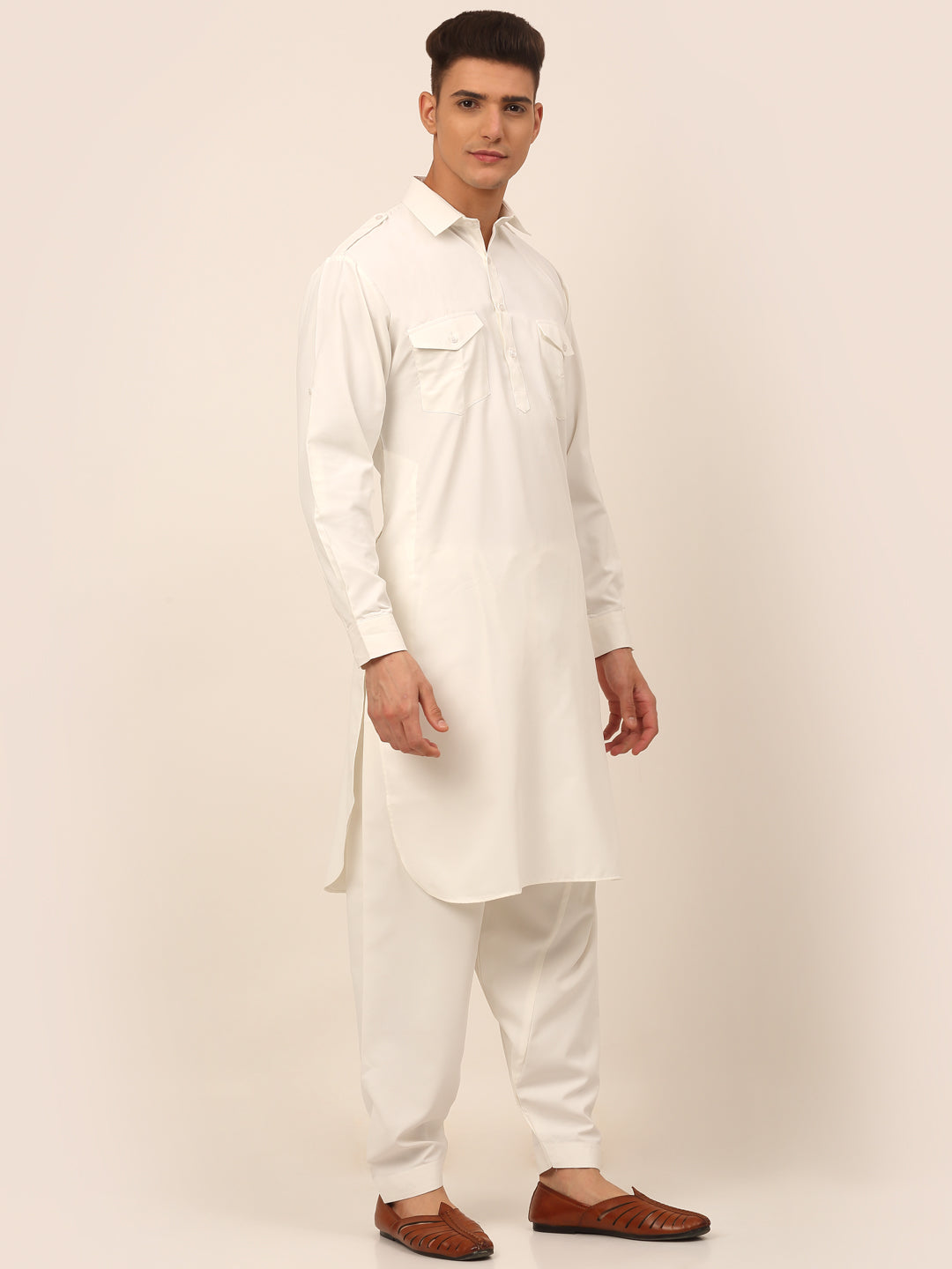 Men's White Cotton Solid Pathani Kurta With Salwar ( Jokp 670 White ) - Virat Fashions