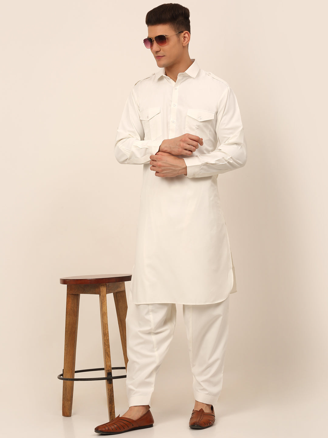 Men's White Cotton Solid Pathani Kurta With Salwar ( Jokp 670 White ) - Virat Fashions