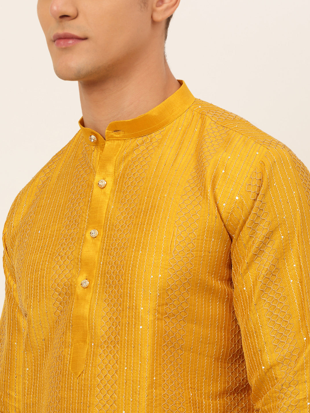 Men's Mustard Embroiderd Kurta Pyjama ( Jokp 671 Mustard ) - Virat Fashions