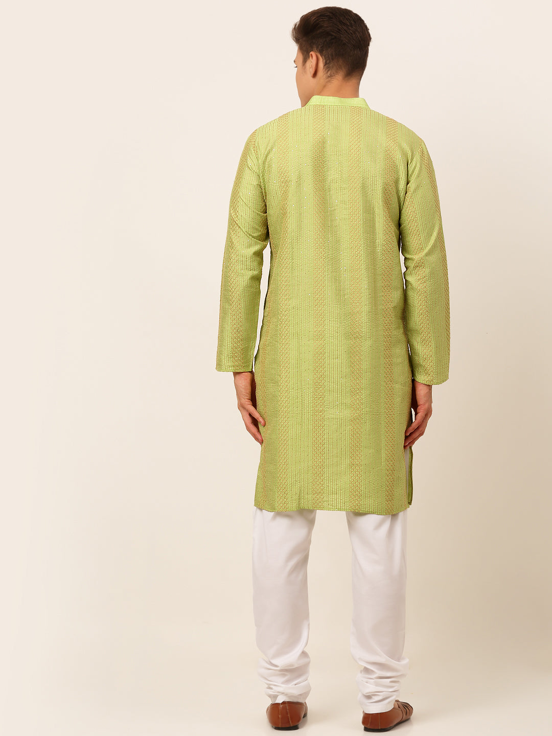 Men's Pista Green Embroiderd Kurta Pyjama ( Jokp 671 Pista ) - Virat Fashions