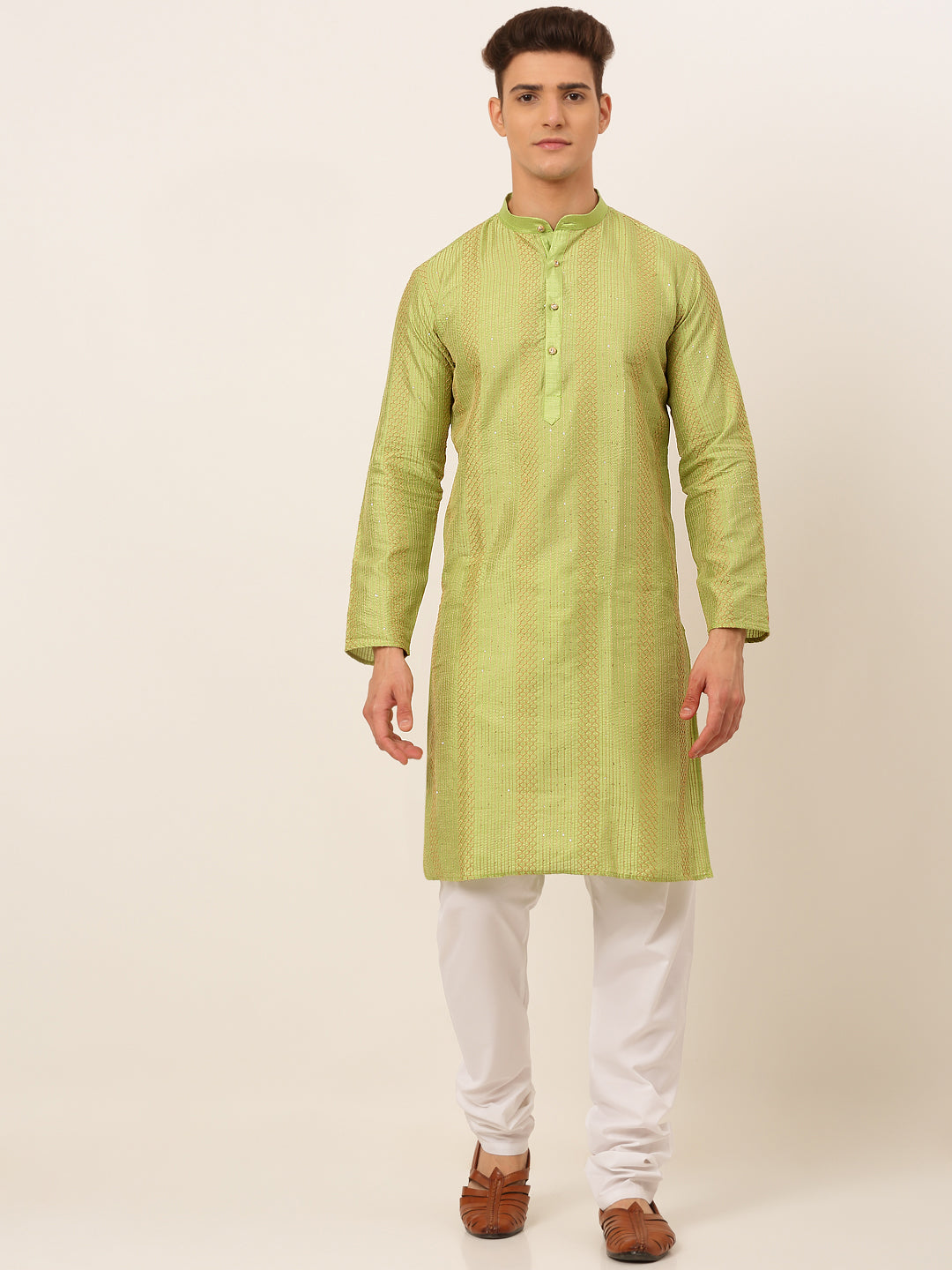 Men's Pista Green Embroiderd Kurta Pyjama ( Jokp 671 Pista ) - Virat Fashions