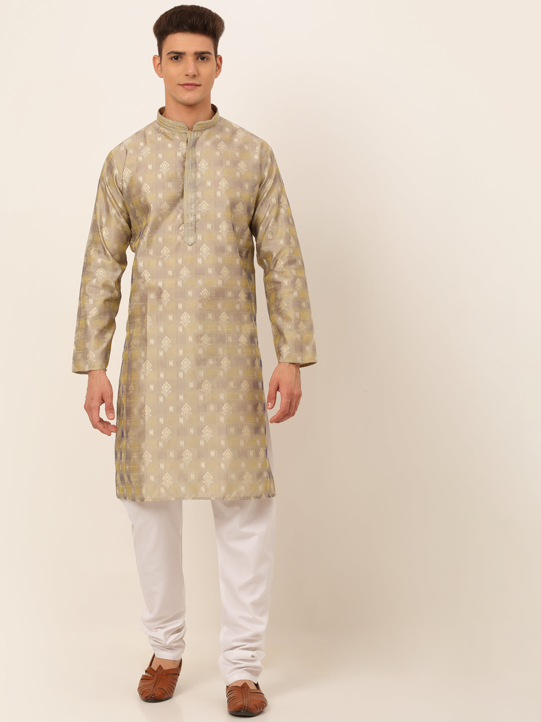 Men's Beige Collar Embroidered Woven Design Kurta Pyjama ( Jokp 672 Beige ) - Virat Fashions