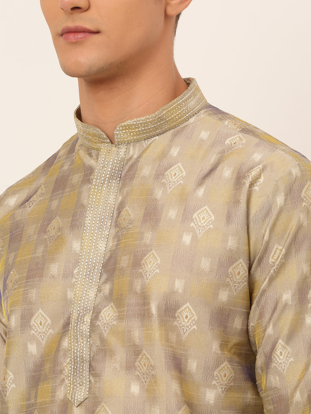 Men's Beige Collar Embroidered Woven Design Kurta Pyjama ( Jokp 672 Beige ) - Virat Fashions