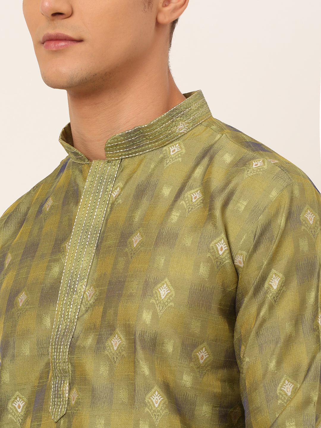 Men's Green Collar Embroidered Woven Design Kurta Pyjama ( Jokp 672 Green ) - Virat Fashions