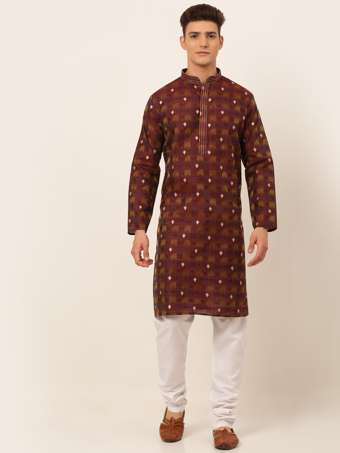 Men's Maroon Collar Embroidered Woven Design Kurta Pyjama ( Jokp 672 Maroon ) - Virat Fashions