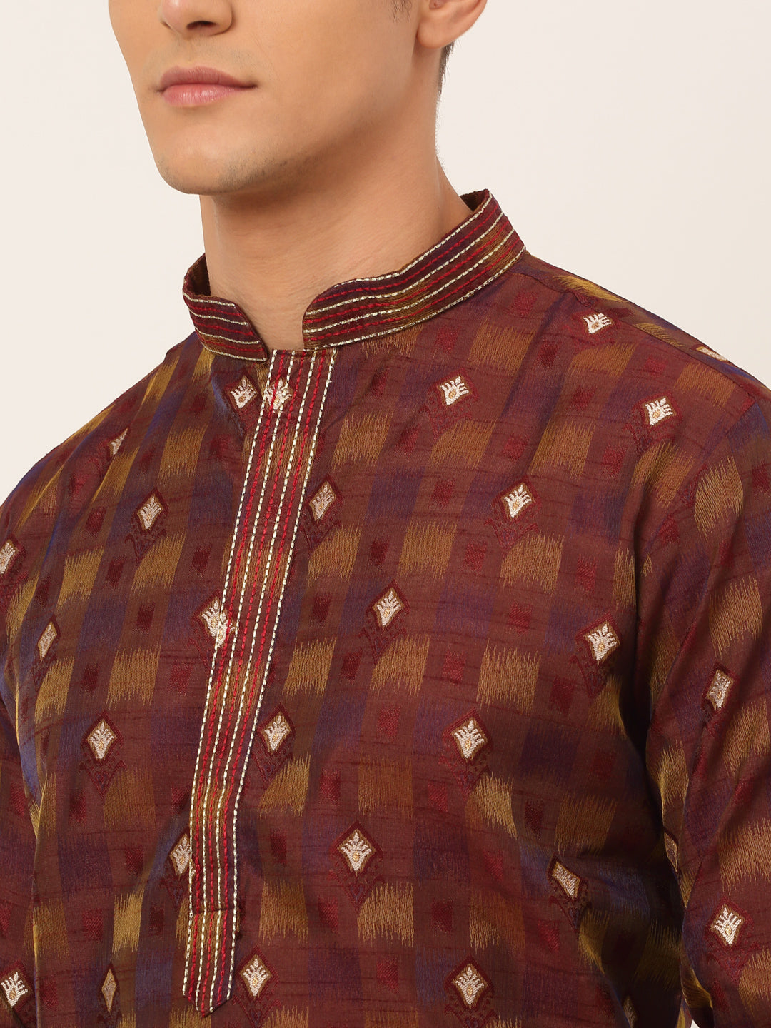 Men's Maroon Collar Embroidered Woven Design Kurta Pyjama ( Jokp 672 Maroon ) - Virat Fashions