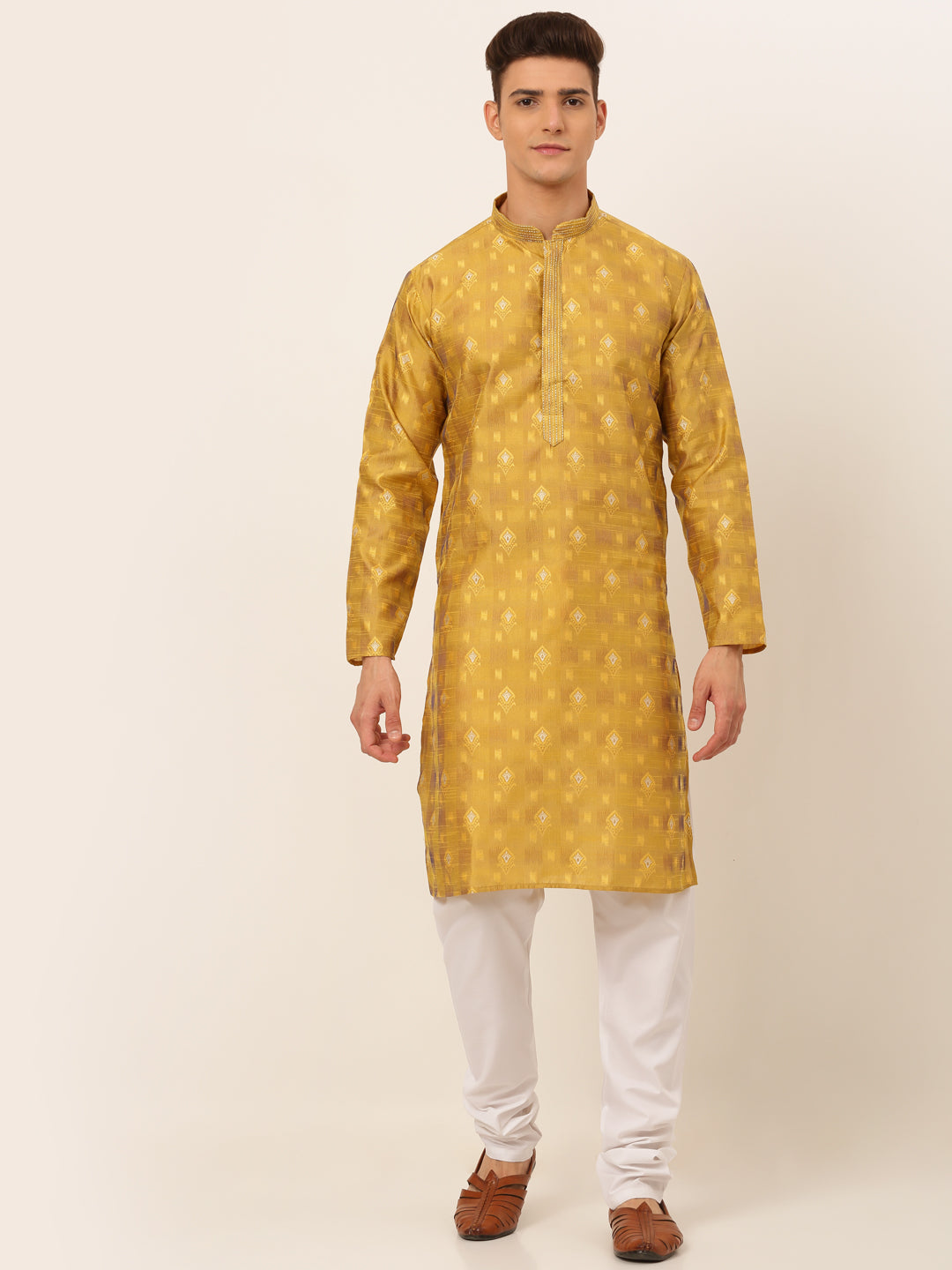 Men's Mustard Collar Embroidered Woven Design Kurta Pyjama ( Jokp 672 Mustard ) - Virat Fashions