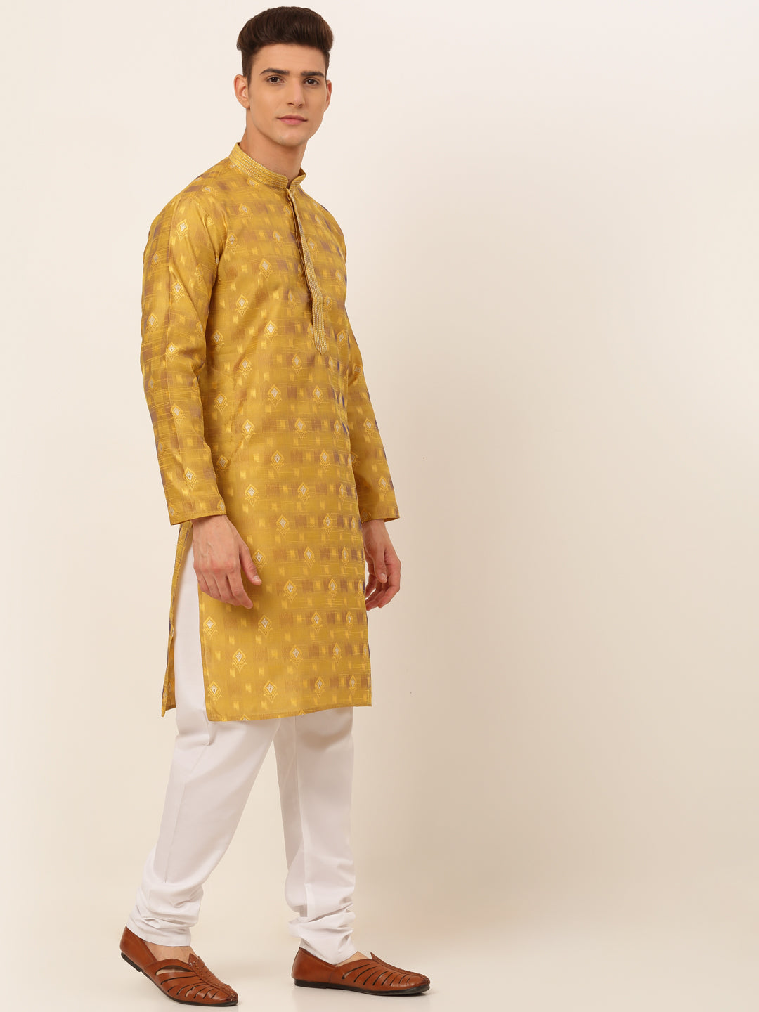 Men's Mustard Collar Embroidered Woven Design Kurta Pyjama ( Jokp 672 Mustard ) - Virat Fashions