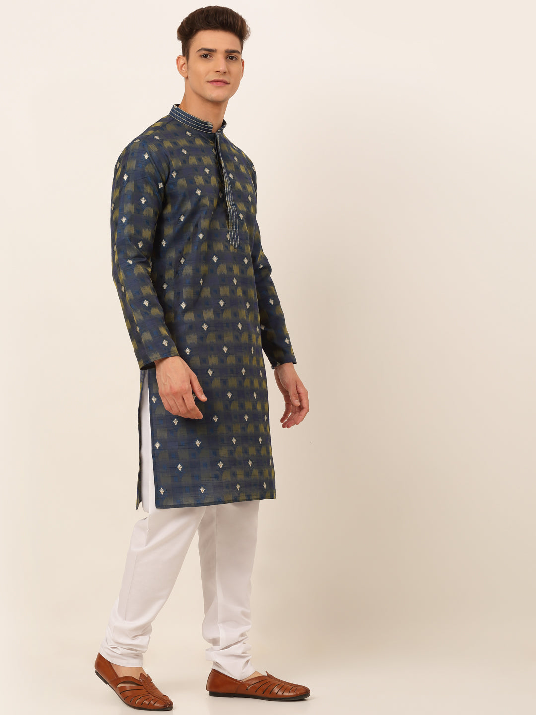 Men's Navy Blue Collar Embroidered Woven Design Kurta Pyjama ( Jokp 672 Navy ) - Virat Fashions