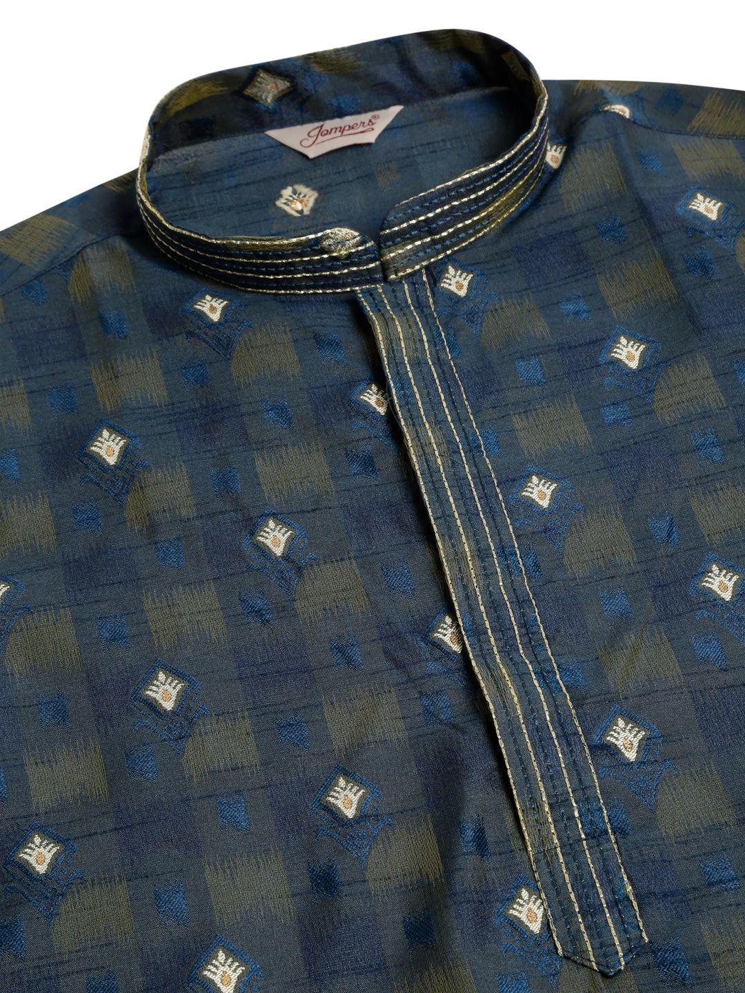 Men's Navy Blue Collar Embroidered Woven Design Kurta Pyjama ( Jokp 672 Navy ) - Virat Fashions