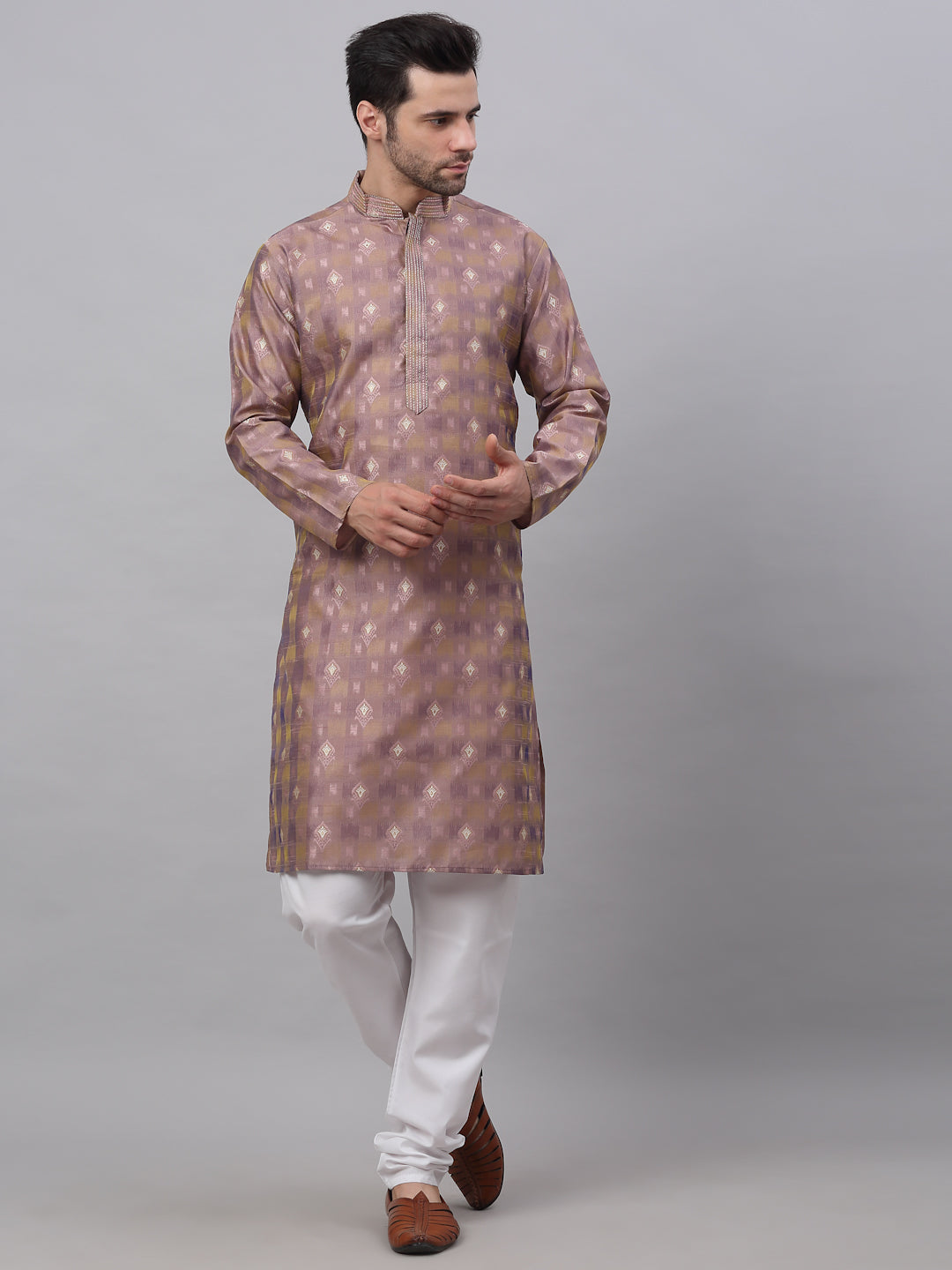 Men's Pink Collar Embroidered Woven Design Kurta Pyjama ( Jokp 672 Pink ) - Virat Fashions
