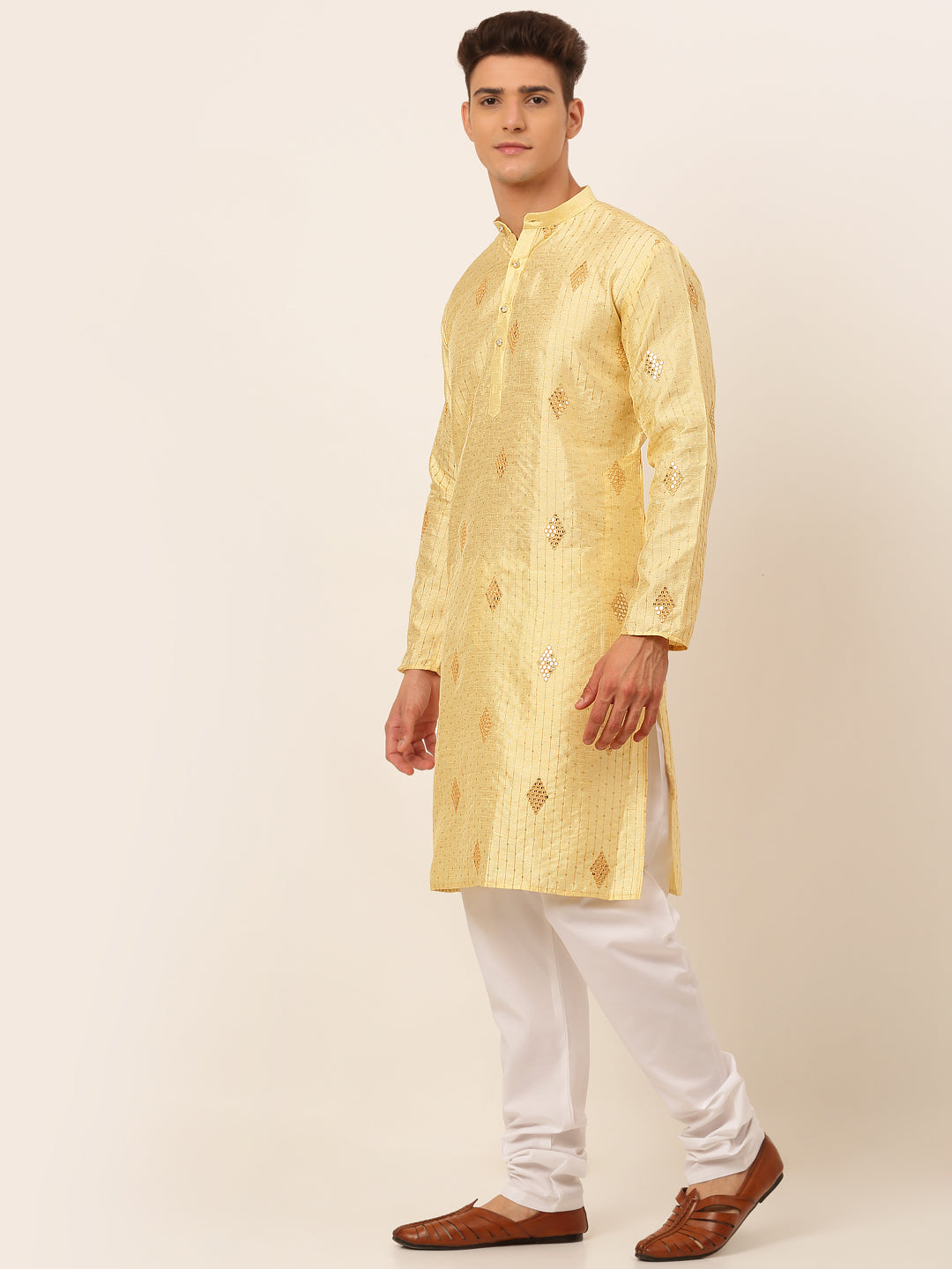 Men's Golden Embroidered Sequinned Kurta With Churidar ( Jokp 673 Golden ) - Virat Fashions