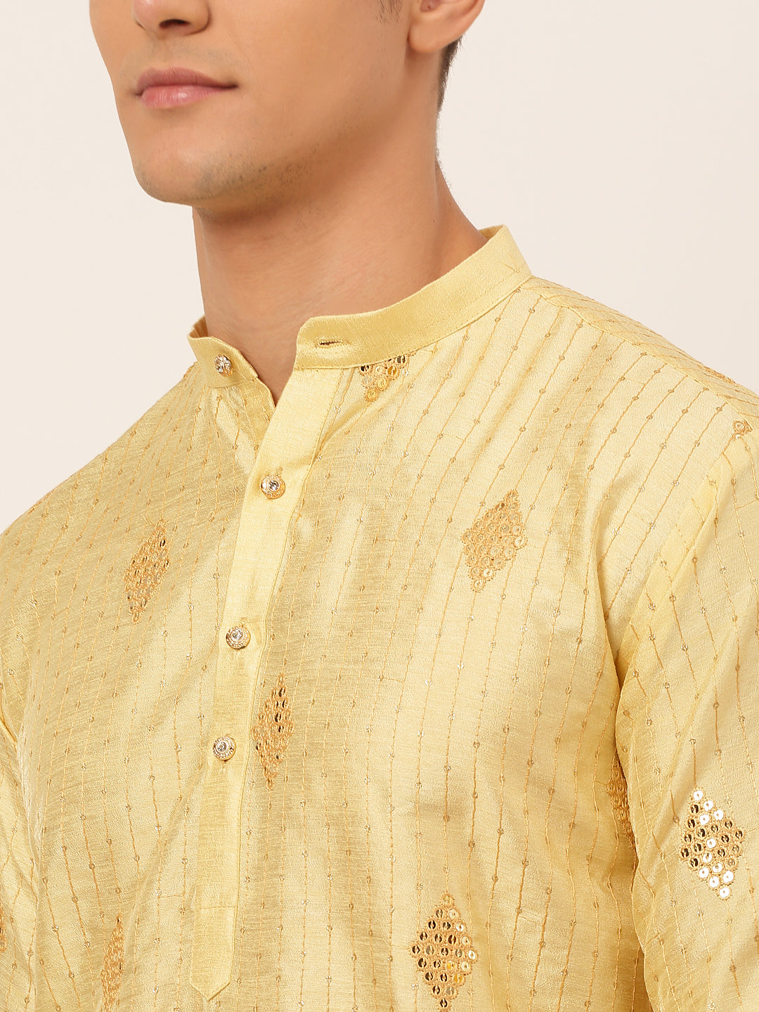 Men's Golden Embroidered Sequinned Kurta With Churidar ( Jokp 673 Golden ) - Virat Fashions