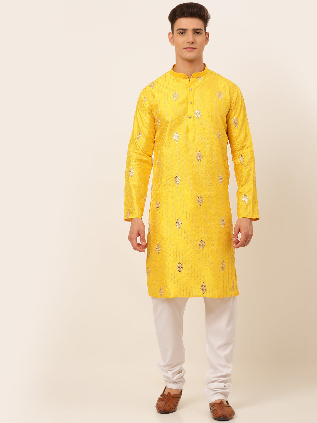 Men's Mustard Yellow Embroidered Sequinned Kurta With Churidar ( Jokp 673 Mustard ) - Virat Fashions
