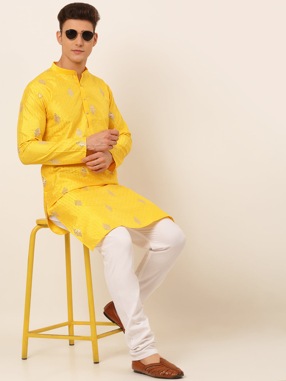 Men's Mustard Yellow Embroidered Sequinned Kurta With Churidar ( Jokp 673 Mustard ) - Virat Fashions