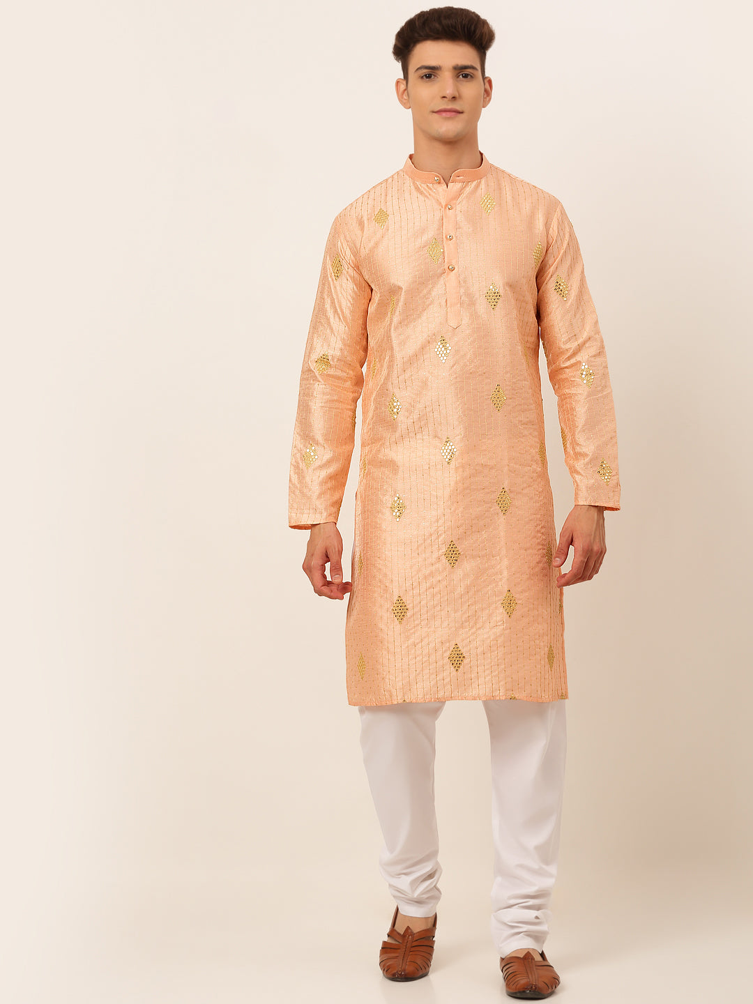 Men's Peach Embroidered Sequinned Kurta With Churidar ( Jokp 673 Peach ) - Virat Fashions
