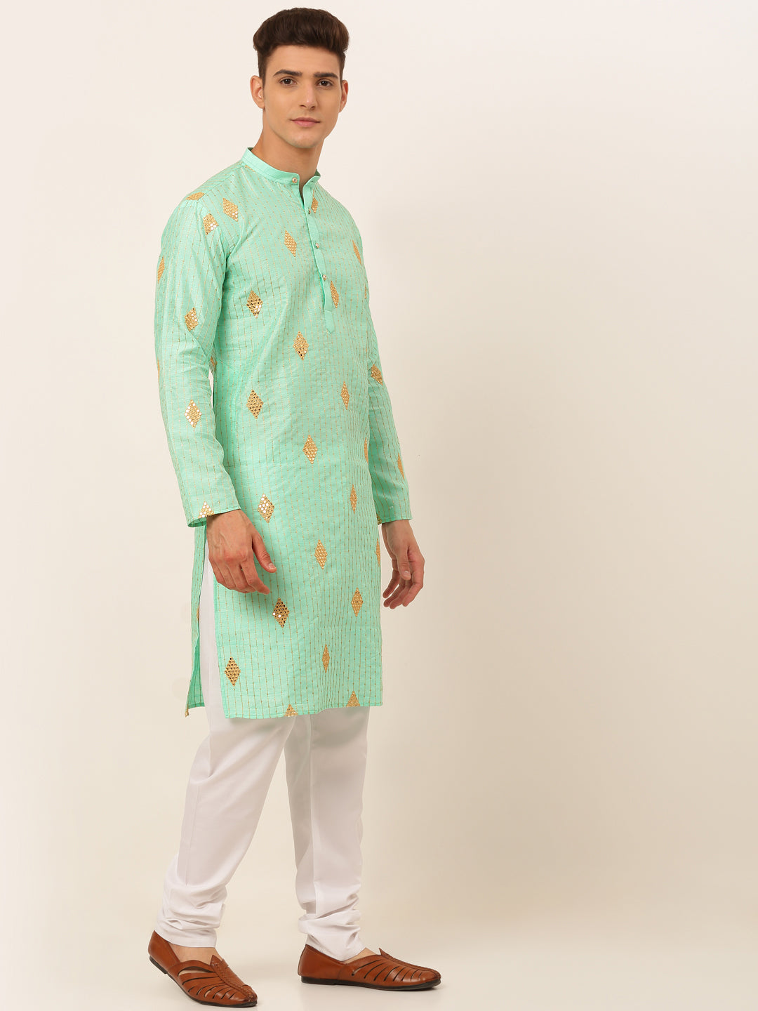 Men's Sky Blue Embroidered Sequinned Kurta With Churidar ( Jokp 673 Sky ) - Virat Fashions
