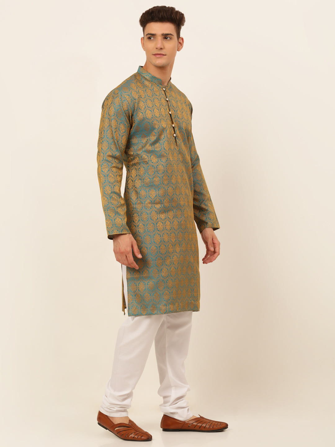 Men's Blue And Golden Woven Design Kurta Pyjama ( Jokp 674 Blue ) - Virat Fashions