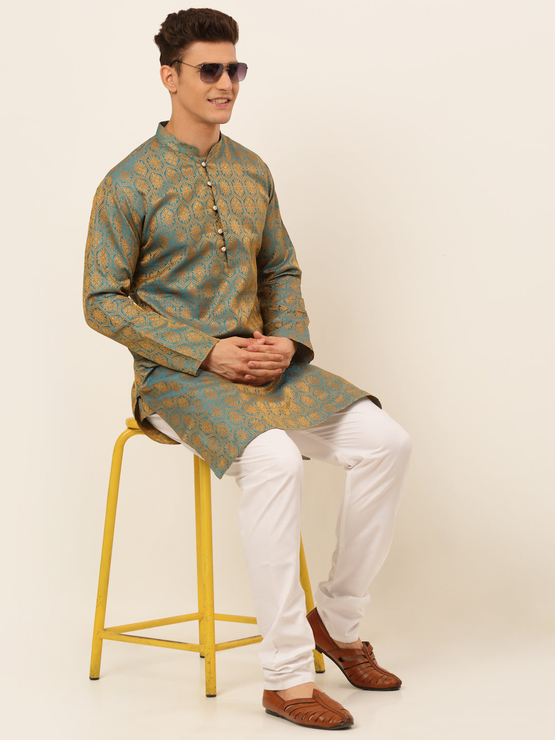Men's Blue And Golden Woven Design Kurta Pyjama ( Jokp 674 Blue ) - Virat Fashions