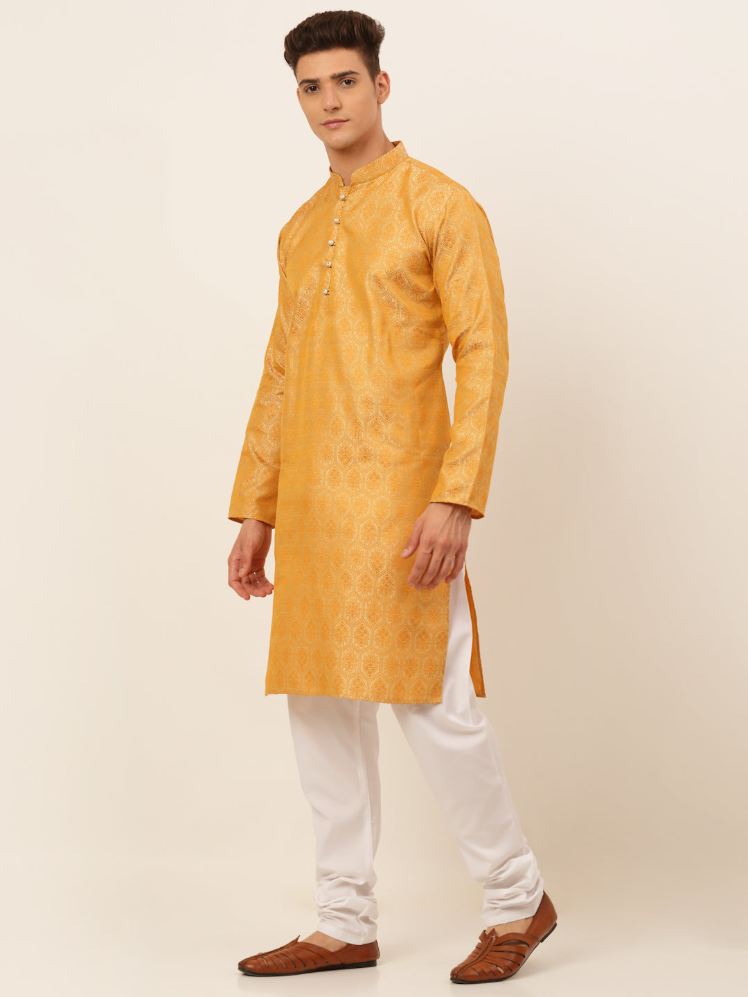 Men's Silver And Golden Woven Design Kurta Pyjama ( Jokp 674 Golden ) - Virat Fashions