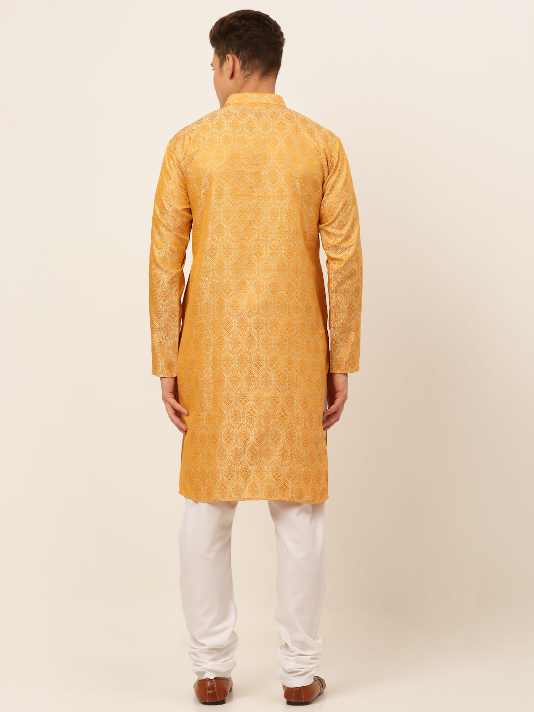 Men's Silver And Golden Woven Design Kurta Pyjama ( Jokp 674 Golden ) - Virat Fashions