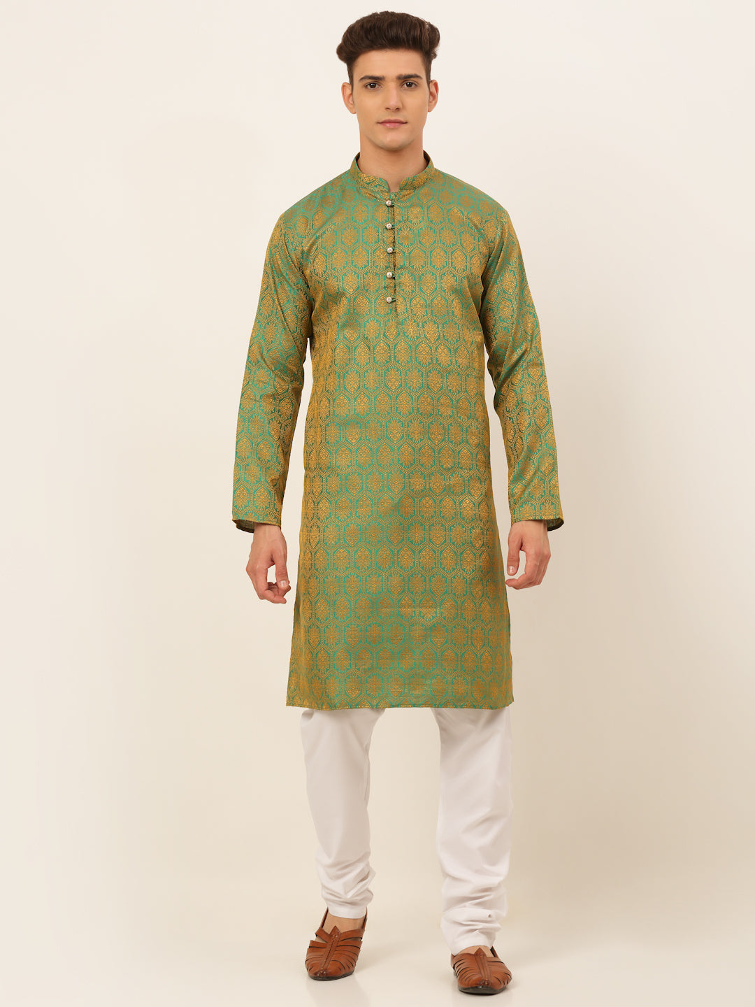 Men's Green And Golden Woven Design Kurta Pyjama ( Jokp 674 Green ) - Virat Fashions