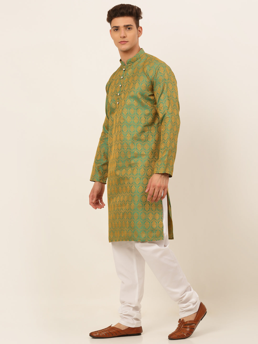 Men's Green And Golden Woven Design Kurta Pyjama ( Jokp 674 Green ) - Virat Fashions