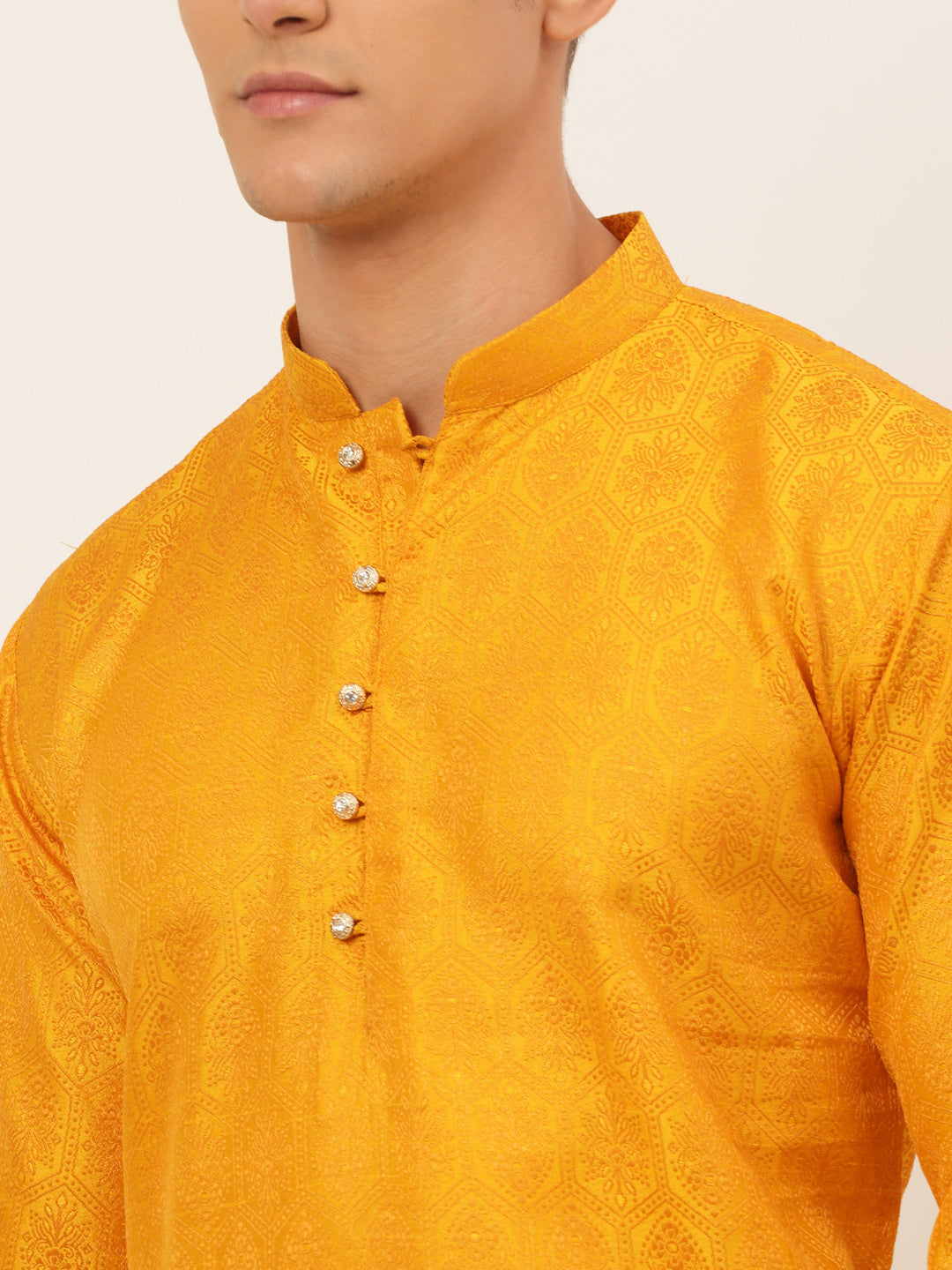 Men's Mustard And Golden Woven Design Kurta Pyjama ( Jokp 674 Mustard ) - Virat Fashions
