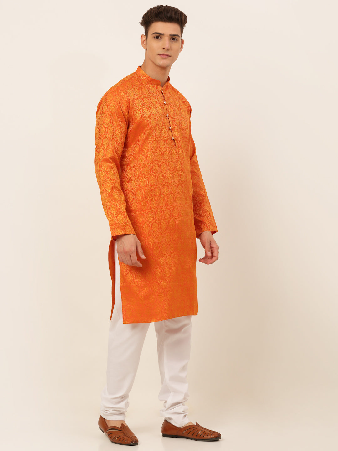 Men's Orange And Golden Woven Design Kurta Pyjama ( Jokp 674 Orange ) - Virat Fashions