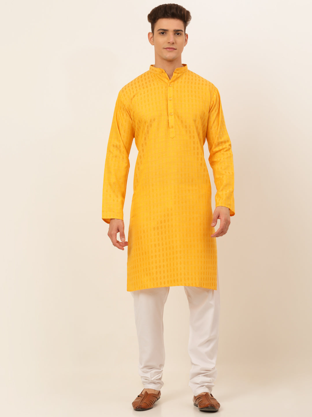Men's Mustard Woven Design Kurta Pyjama ( Jokp 675 Mustard ) - Virat Fashions