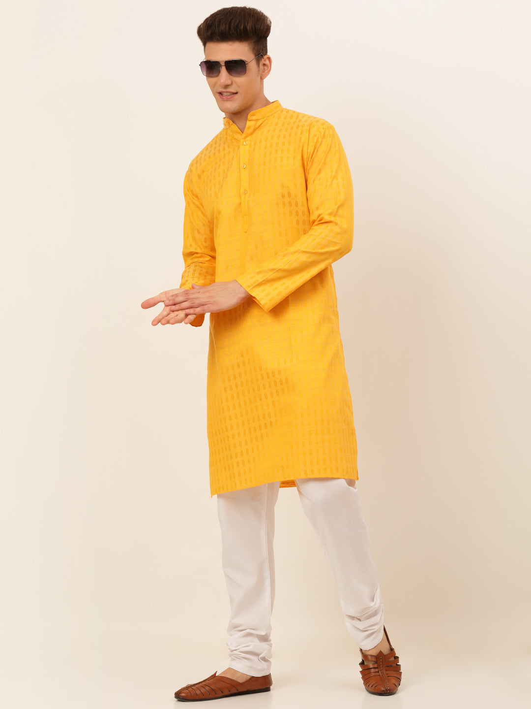 Men's Mustard Woven Design Kurta Pyjama ( Jokp 675 Mustard ) - Virat Fashions