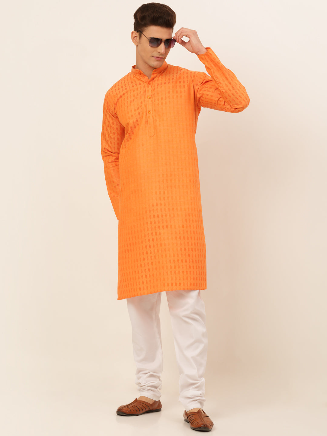 Men's Orange Woven Design Kurta Pyjama ( Jokp 675 Orange ) - Virat Fashions