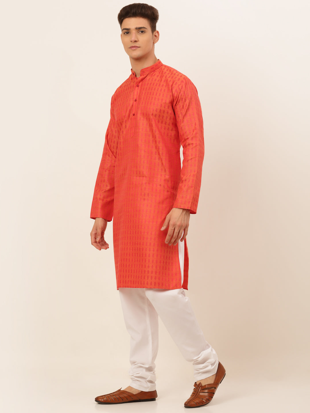 Men's Red Woven Design Kurta Pyjama ( Jokp 675 Red ) - Virat Fashions