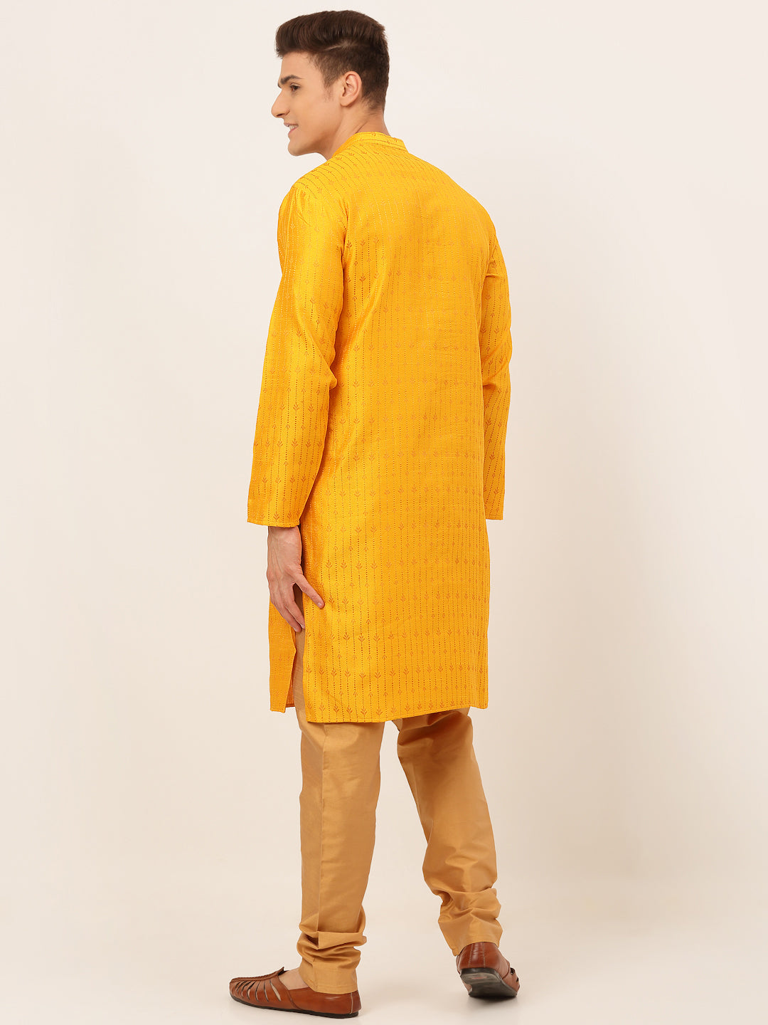 Men's Mustard Embroidered Kurta Pyjama Sets ( Jokp 676 Mustard ) - Virat Fashions