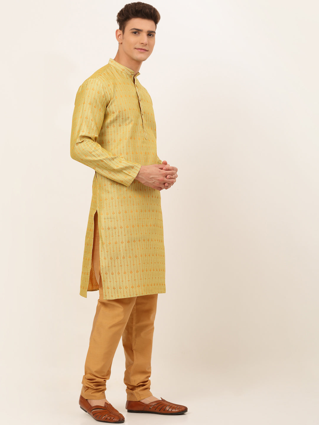 Men's Yellow Embroidered Kurta Pyjama Sets ( Jokp 676 Yellow ) - Virat Fashions