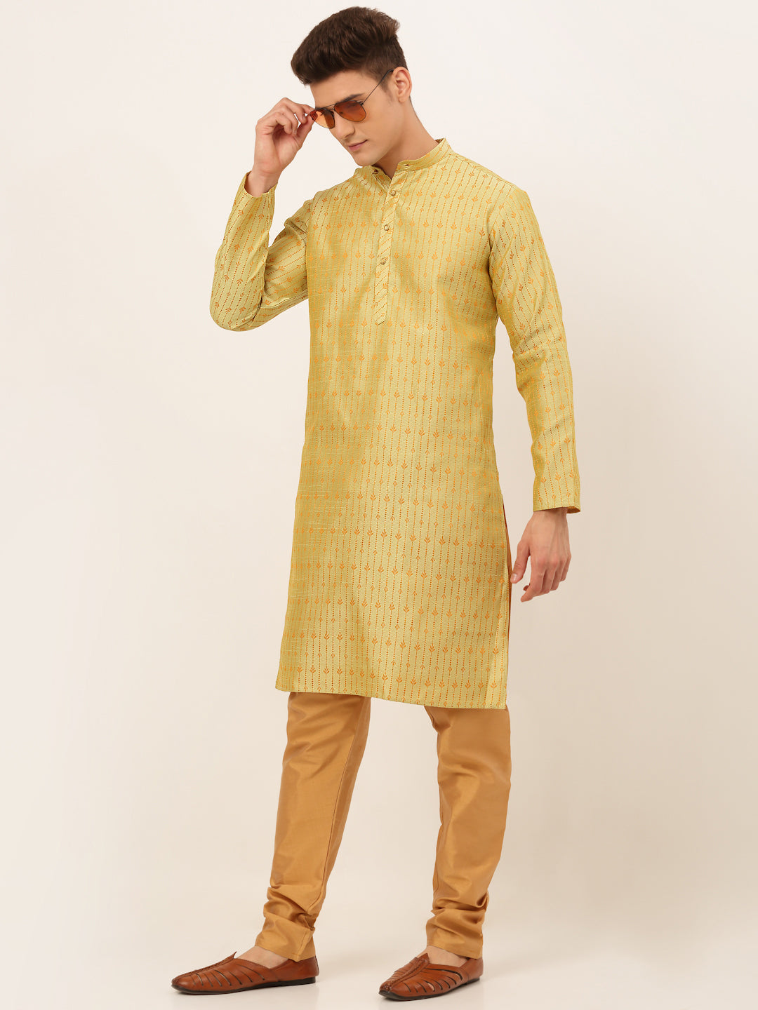 Men's Yellow Embroidered Kurta Pyjama Sets ( Jokp 676 Yellow ) - Virat Fashions