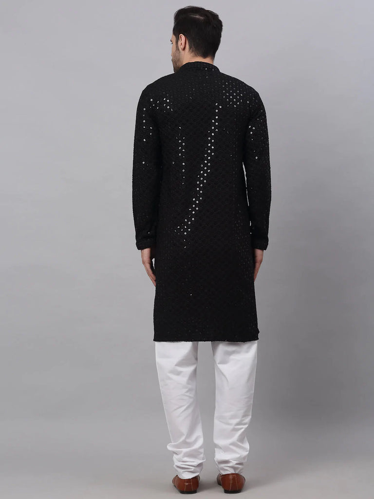 Men's Black Chikankari Embroidered and Sequence Kurta with Churidar ( JOKP 678 Black )