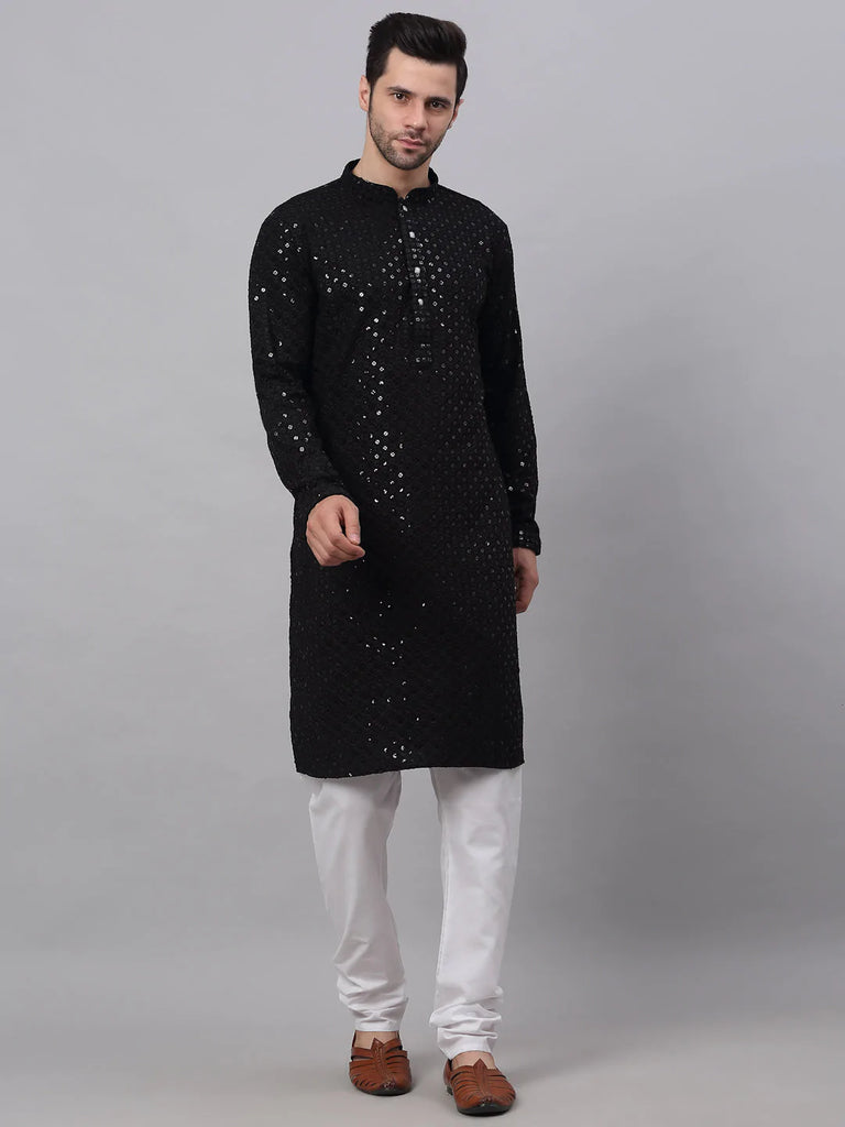 Men's Black Chikankari Embroidered and Sequence Kurta with Churidar ( JOKP 678 Black )