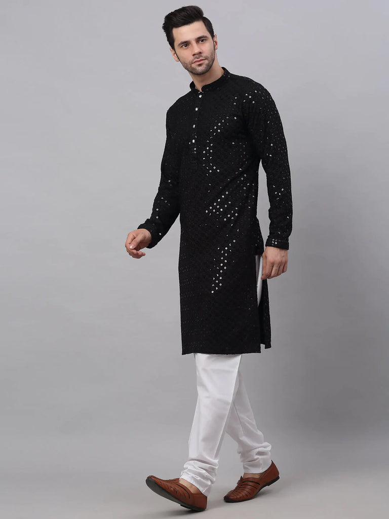 Men's Black Chikankari Embroidered and Sequence Kurta with Churidar ( JOKP 678 Black )