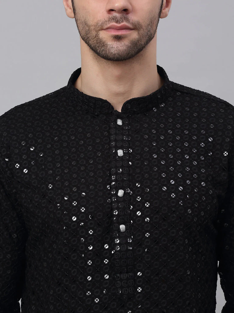 Men's Black Chikankari Embroidered and Sequence Kurta with Churidar ( JOKP 678 Black )