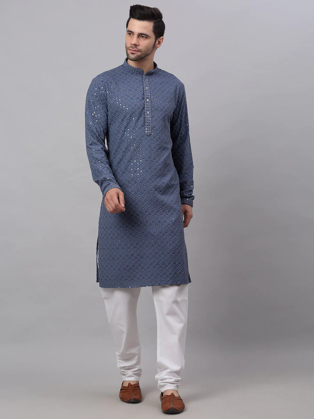 Men's Grey Chikankari Embroidered and Sequence Kurta with Churidar ( JOKP 678 Grey ) - Virat Fashions